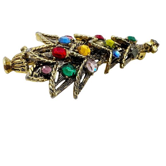 vintage Hollycraft gold & rhinestones Christmas Tree BROOCH holidays jewelry pin - Picture 5 of 8